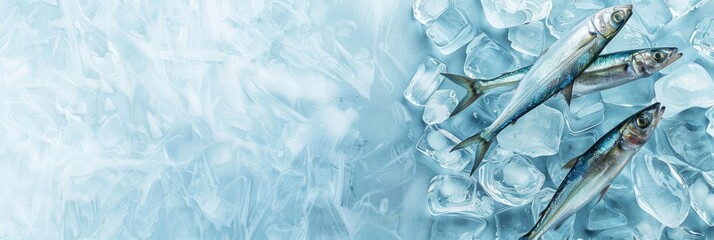 Obraz premium horizontal banner for fish market, fresh seafood, sardine lying on crushed ice, ice cubes, food preservation, blue background, copy space, free space for text