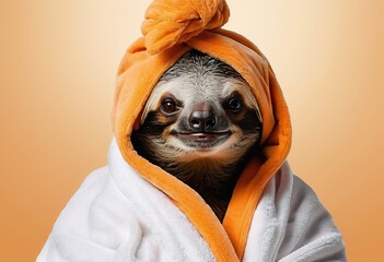Fototapeta premium Relaxing Sloth on Orange Background - A Panoramic Banner for Wellness and Beauty Themes
