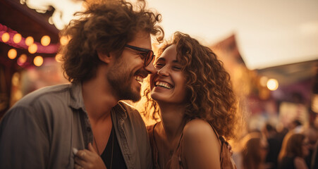 Harmonious melodies. A happy, smiling young couple in love standing together at a rock or electronic music festival on an early morning day outdoors