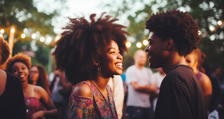 Harmonious harmony: two souls united. A happy, smiling young couple in love, standing together at a rock or electronic music festival on an early morning day outdoors - obrazy, fototapety, plakaty