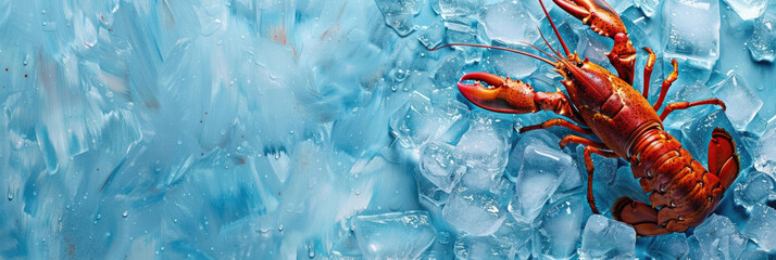 horizontal banner for fish market, fresh seafood, big red lobster lying on crushed ice, ice cubes, food preservation, blue background, copy space, free space for text