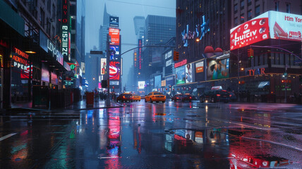 The image of an extremely wet times square. - obrazy, fototapety, plakaty