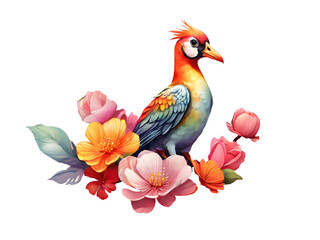 watercolor tropical bird and exotic flowers illustration isolated on transparent background. Stunning clipart and cutout element
