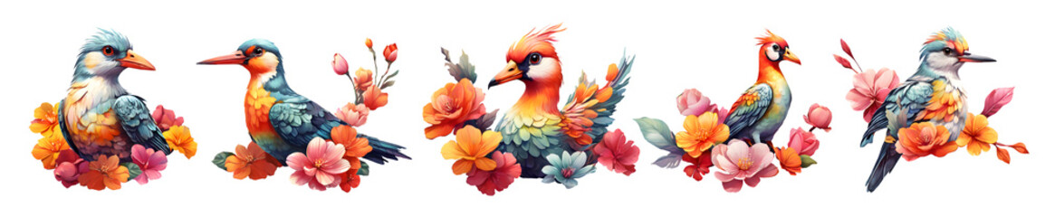 watercolor tropical bird and exotic flowers set. collection of Stunning jungle illustration on transparent background