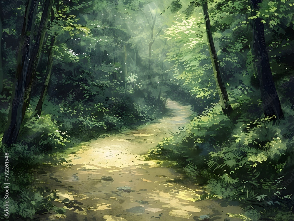 Poster Enchanting Forest Path Dappled in Sunlight a Timeless Journey Through Nature s Verdant Embrace