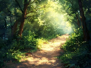 Enchanting Forest Path Bathed in Dappled Sunlight a Captivating Journey Through Nature s Timeless Realm