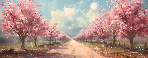 Blooming Orchard Pathway with Rows of Vibrant Pink Cherry Blossom Trees Under Picturesque Cloudy Sky