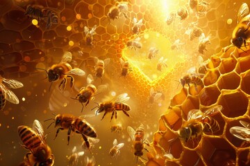 A group of bees flying around a honeycomb
