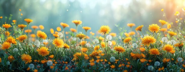 Beautiful spring meadow with wild flowers, dandelions and grass on a blurred background, in the style of sunshine generative AI - obrazy, fototapety, plakaty