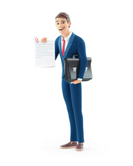 3d cartoon businessman holding completed document