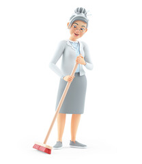 3d cartoon granny pushing a broom