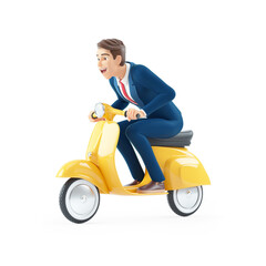 3d cartoon businessman riding a scooter