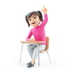 3d girl sitting at school desk and lifting up her hand