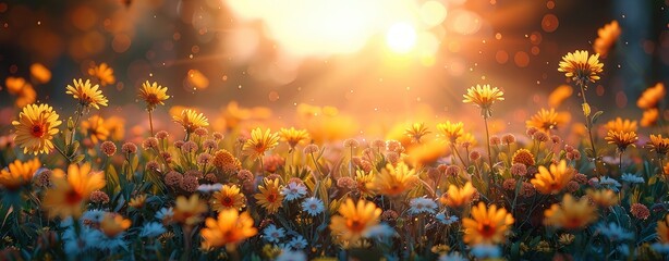 Beautiful spring meadow with wild flowers, dandelions and grass on a blurred background, in the style of sunshine generative AI