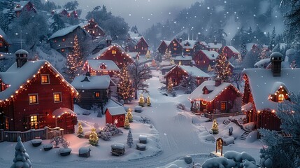 Red washed houses with lots of twinkling lights in snowy Christmas village. Generative AI.