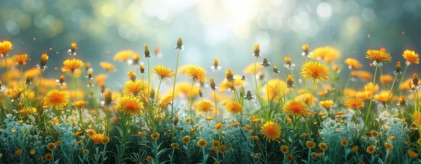 Foto op Plexiglas Beautiful spring meadow with wild flowers, dandelions and grass on a blurred background, in the style of sunshine generative AI © RedSSS