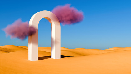 3d render, Surreal desert landscape with white arche and pink clouds in the blue sky. Modern...