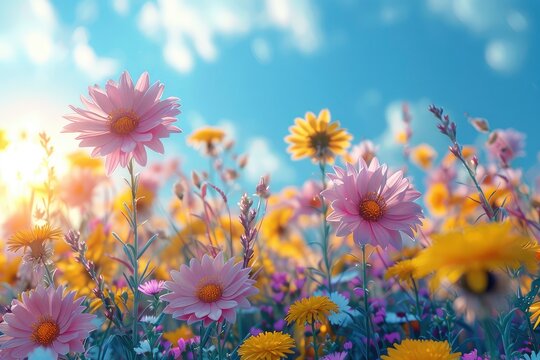 Beautiful spring meadow with wild flowers, dandelions and grass on a blurred background, in the style of sunshine generative AI