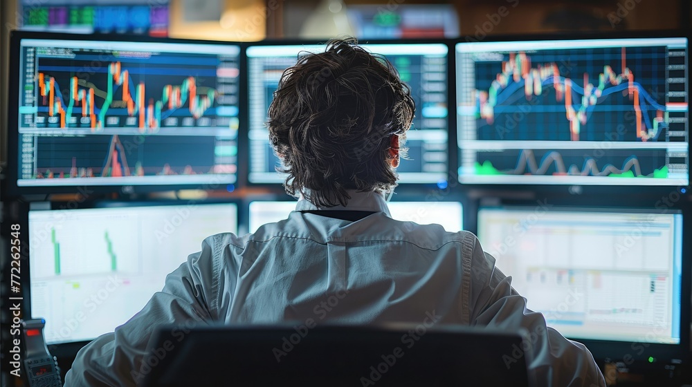 Aufkleber A stock price chart displayed on three desktop PC monitors, back view of a male stock trader, desk at a securities company. Generative AI.