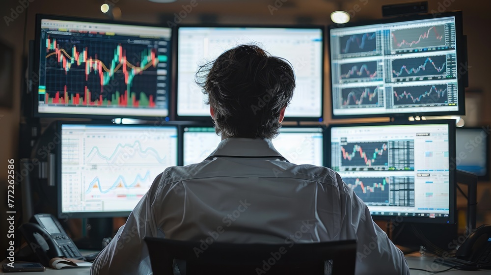 Poster a stock price chart displayed on three desktop pc monitors, back view of a male stock trader, desk a