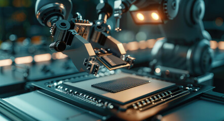 Closeup of a robotic arm holding microchips, background with a factory hall, focus on the chip