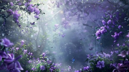 Whispering Petals: A captivating purple flower garden, alive with the colorful dance of butterflies in the air - Powered by Adobe