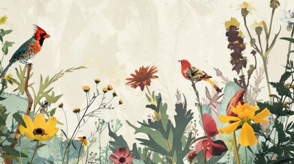 Charming collage of little animals playing among wildflowers, capturing their adorable antics.