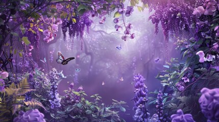 Butterfly Haven: An enchanting painting of a garden filled with exquisite purple flowers, where butterflies flit and flutter, creating a magical tableau - Powered by Adobe