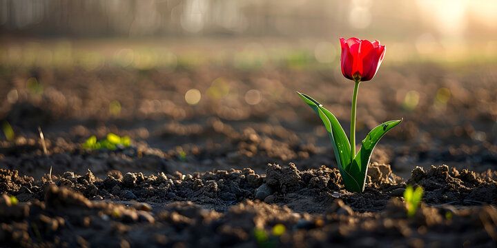 Lonely red tulip in the field. generative ai 