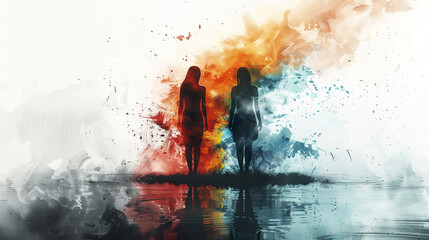 Watercolor Illustration of the duality of bipolar disorder with two silhouetted figures against a backdrop of splattered paint.  - obrazy, fototapety, plakaty