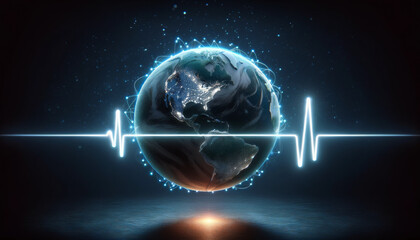 Obraz premium Close-up of tiny planet Earth connected to glowing heartbeat line, dark background