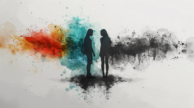 Watercolor Illustration of the duality of bipolar disorder with two silhouetted figures against a backdrop of splattered paint. 