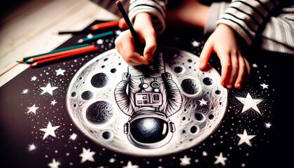 a child's hand draws drawing of an astronaut in a spacesuit on the surface of the Moon against the background of stars of different colors in black space. Cosmonautics day. children's drawing - obrazy, fototapety, plakaty