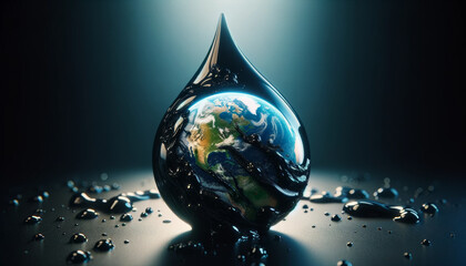 Macro shot of a miniature Earth encapsulated in a droplet of black, viscous liquid, illustrating the encroaching dangers of environmental pollutants