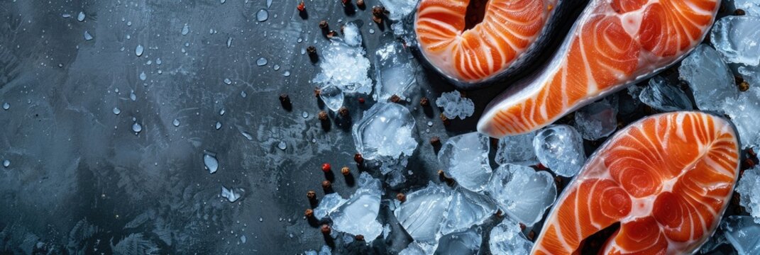 horizontal banner for fish market, fresh seafood, salmon steaks lying on crushed ice, ice cubes, food preservation, background, copy space, free space for text