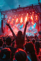 a crowd of people are cheering in front of a stage with the lights on.