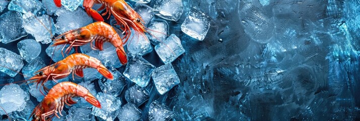 horizontal banner for fish market, fresh seafood, red shrimp lying on crushed ice, ice cubes, food preservation, blue background, copy space, free space for text - obrazy, fototapety, plakaty