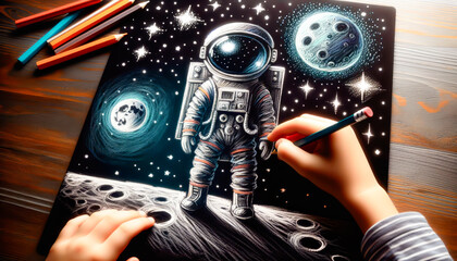 a child's hand draws drawing of an astronaut in a spacesuit on the surface of the Moon against the background of stars of different colors in black space. Cosmonautics day. children's drawing - obrazy, fototapety, plakaty