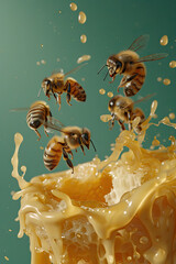 a bunch of bees are flying around a honeycomb.