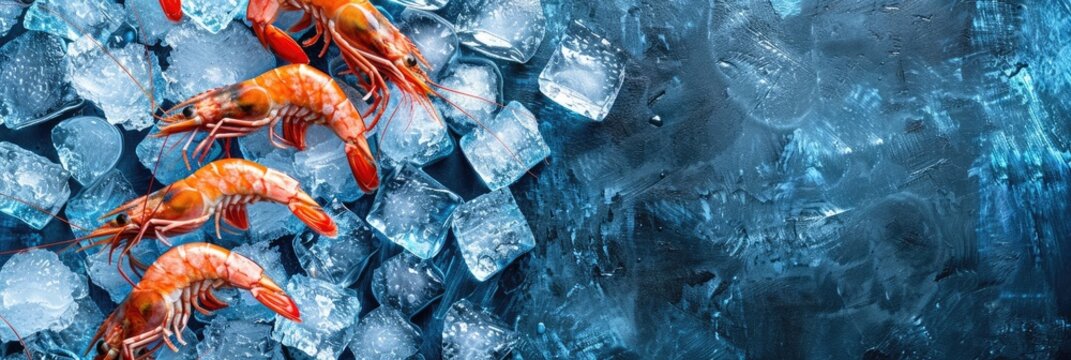 horizontal banner for fish market, fresh seafood, red shrimp lying on crushed ice, ice cubes, food preservation, blue background, copy space, free space for text