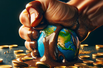 Macro shot of a hand forcefully compressing a small Earth, viscous golden coins seeping out, illustrating the environmental cost of economic exploitation