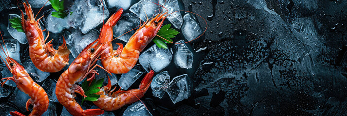 horizontal banner for fish market, fresh seafood, red shrimp lying on crushed ice, ice cubes, food preservation, dark background, copy space, free space for text