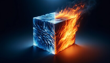 Blue fiery cube with dynamic elemental contrast - An eye-catching cube with a blue fire effect demonstrates the fusion of heat and cold in a dramatic showcase of art