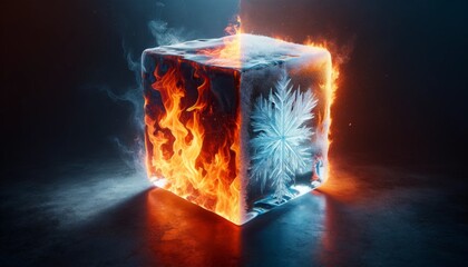 Icy cube with a fiery split, visual temperature play - A mesmerizing cube partly encased in ice while the other part is consumed by flames, depicting temperature extremes