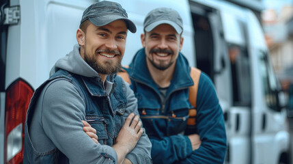 Two attractive appliance repair specialists in caps smiling against the background of a white van. Generative AI. - obrazy, fototapety, plakaty