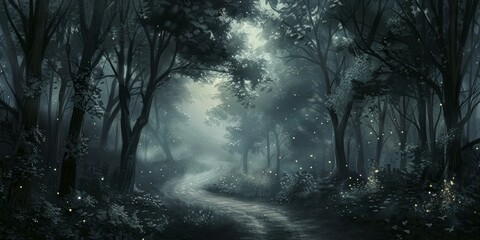 Nocturnal Reverie: An enchanting scene featuring a dark forest basked in the radiance of a full...