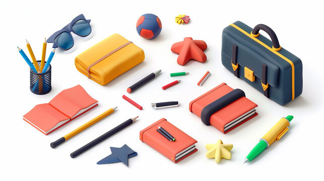 A collection of 3D icons representing accessories for learning, including a ballpoint pen, briefcase, pencil, and book. This vector illustration features a cute plasticine style