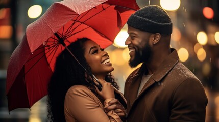 Close up of happy loving african american couple. Joyful young man and woman looking at each other with love and tenderness, standing under red umbrella in rain.