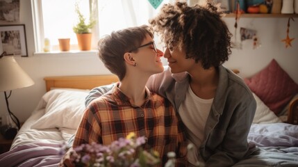 Fototapeta premium Two young women lovers embracing, sitting touching their noses together on bed in bedroom. Lesbian romantic couple in loving moment.