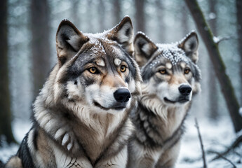 Tw Wolfs in a snow covered forest. - 772264540